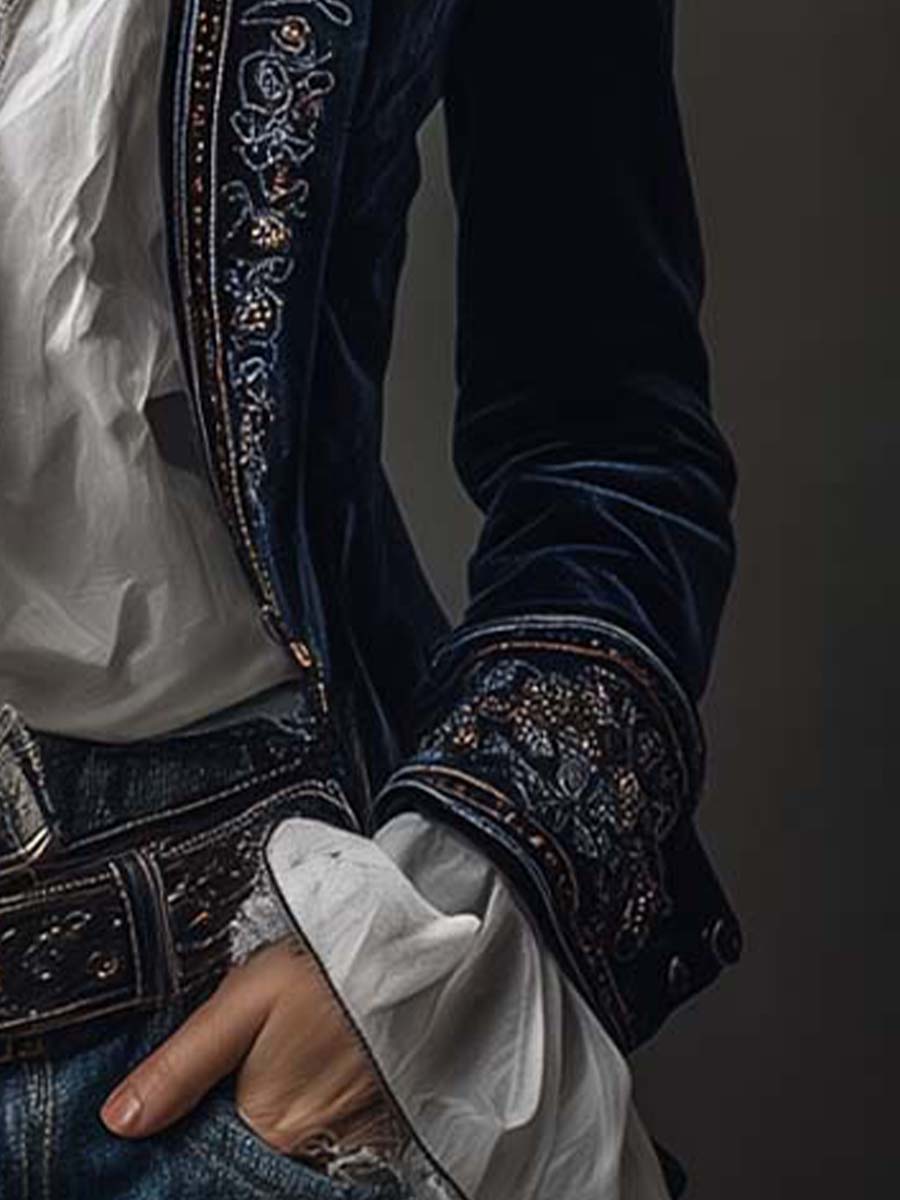 Federica | Lange Vintage Velvet Blazer in Marineblauw met Borduursels