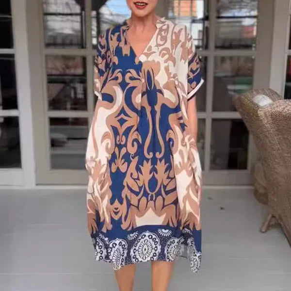 AMALIA | Midi-jurk met Zachte Snit, Artistieke Print en V-hals voor Stijlvolle en Comfortabele Dagen