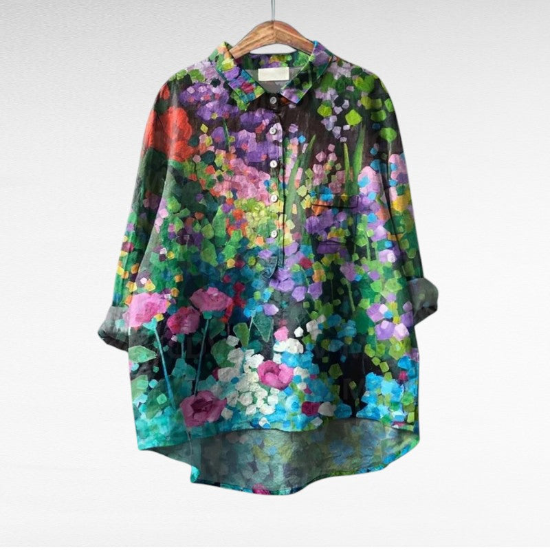 Cora | Bloemige Blouse met Lange Mouwen, Kraag en Gebogen Zoom
