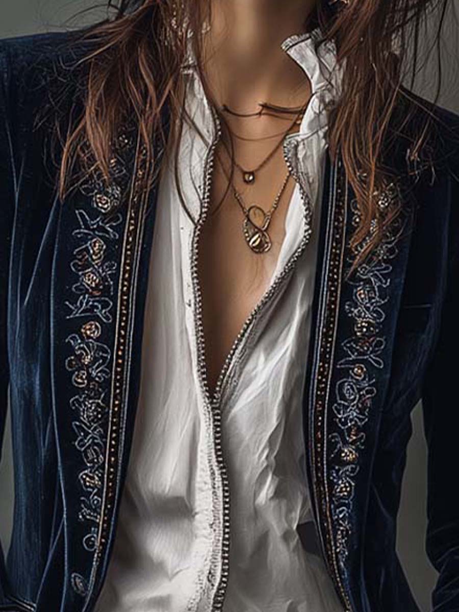 Federica | Lange Vintage Velvet Blazer in Marineblauw met Borduursels