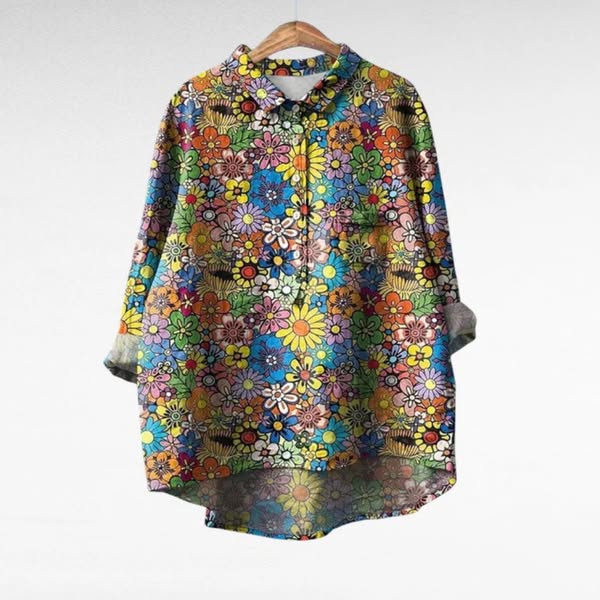 Cora | Bloemige Blouse met Lange Mouwen, Kraag en Gebogen Zoom