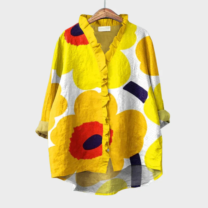 Harper™ | Damesblouses met lange mouwen en knoopsluiting met Ruffle V-hals