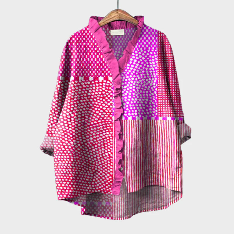 Harper™ | Damesblouses met lange mouwen en knoopsluiting met Ruffle V-hals
