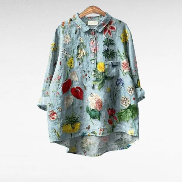 Cora | Bloemige Blouse met Lange Mouwen, Kraag en Gebogen Zoom
