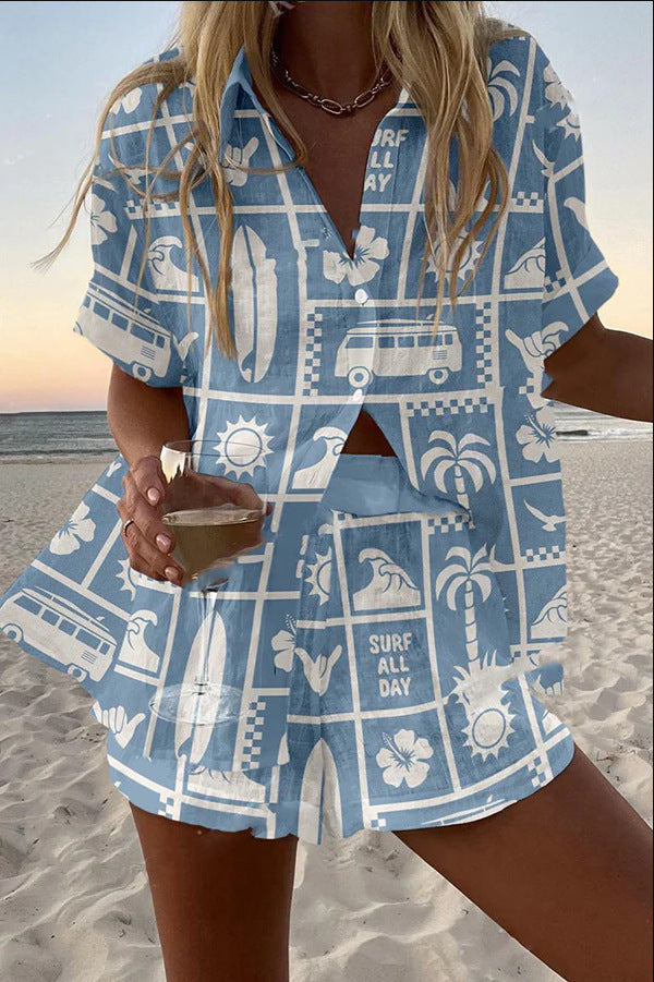 Trenara™ | Korte linnen set met Caravan-print
