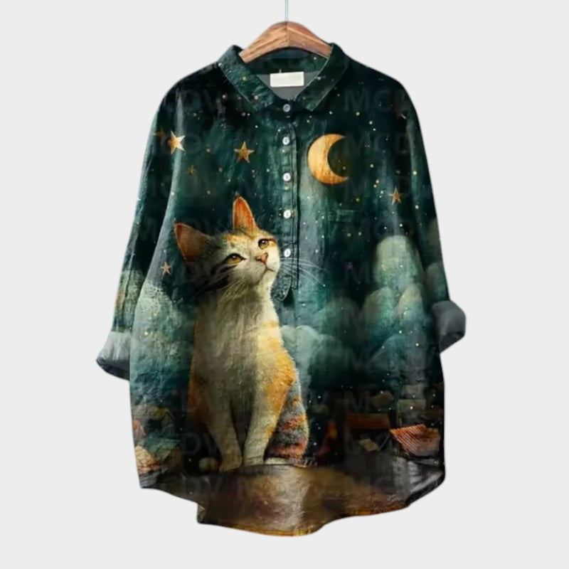 VIVIANA | Oversized Blouse met Waterverf Katten en Vrolijk Comfort voor Elk Moment