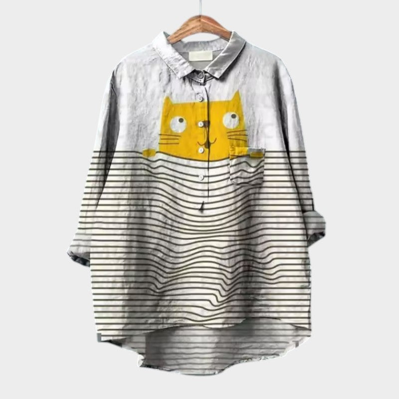 VIVIANA | Oversized Blouse met Waterverf Katten en Vrolijk Comfort voor Elk Moment