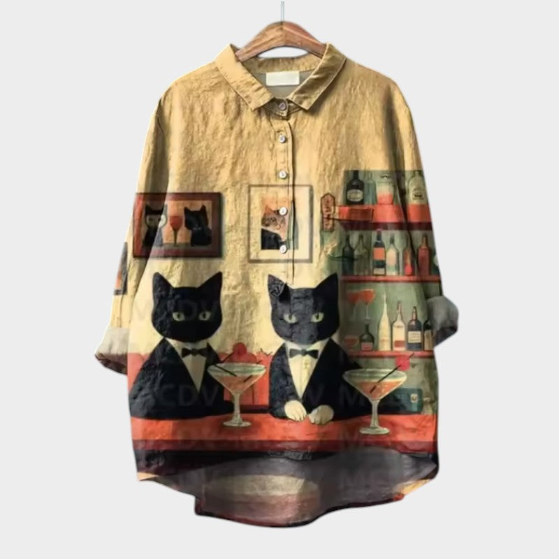 VIVIANA | Oversized Blouse met Waterverf Katten en Vrolijk Comfort voor Elk Moment