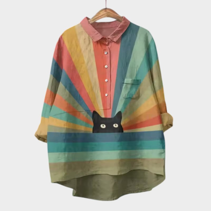 VIVIANA | Oversized Blouse met Waterverf Katten en Vrolijk Comfort voor Elk Moment