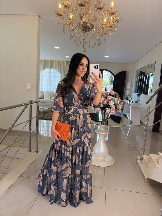 CLAUDIA | Lange Bloemenjurk met Comfortabele Pasvorm voor Elegante Dagen