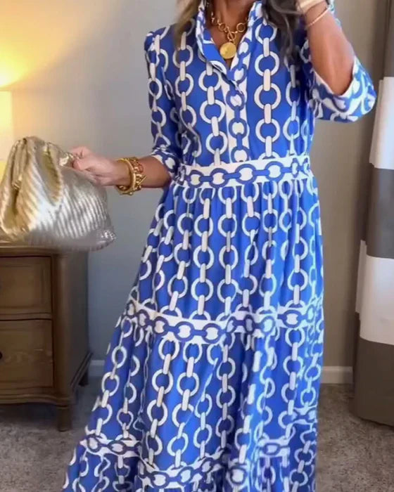 VIOLETTA | Elegante Lange Jurk met Grafische Print en Mediterraan Stijl