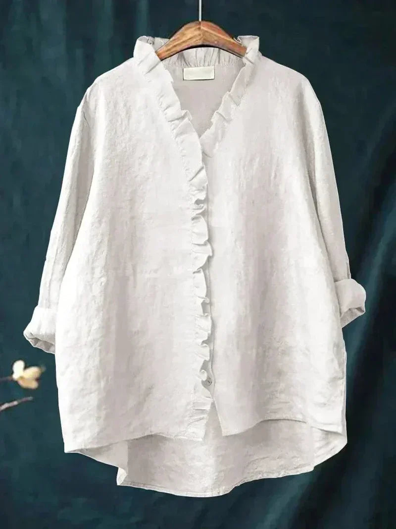 Harper™ | Damesblouses met lange mouwen en knoopsluiting met Ruffle V-hals