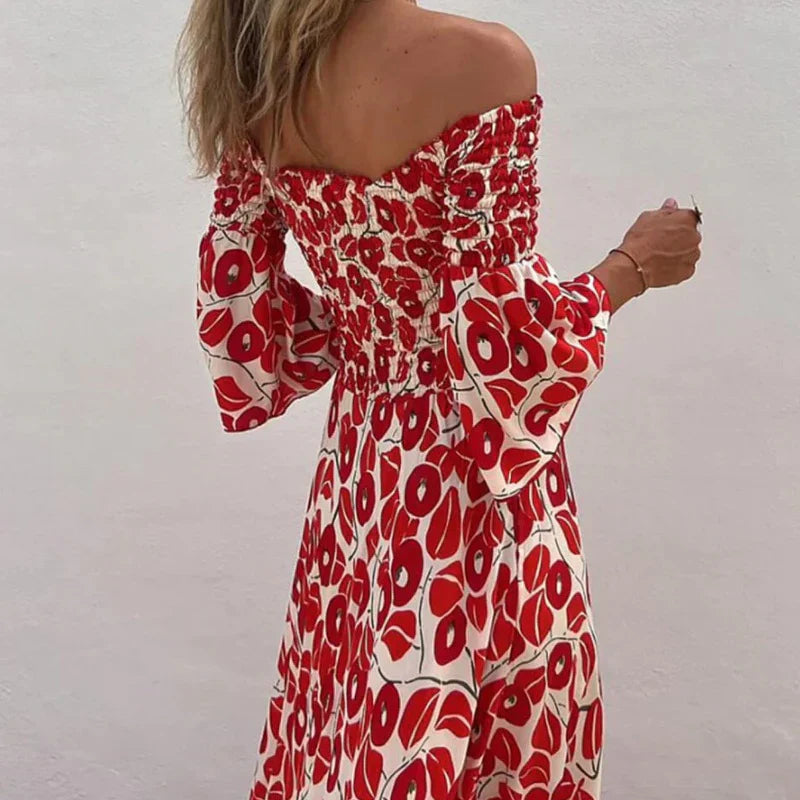 MILANI | Lange Bardot Jurk met Gedefinieerde Taille en Bloemenprint voor Zonnige Dagen en Elegante Evenementen
