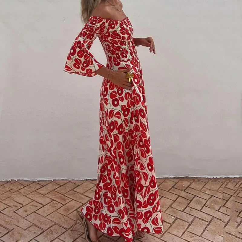MILANI | Lange Bardot Jurk met Gedefinieerde Taille en Bloemenprint voor Zonnige Dagen en Elegante Evenementen