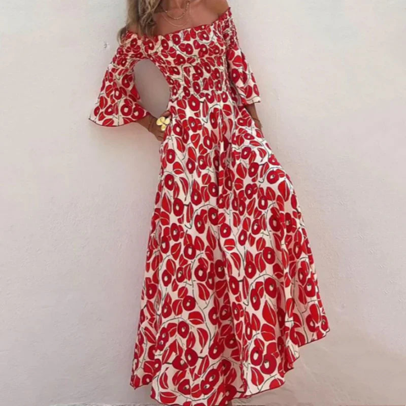 MILANI | Lange Bardot Jurk met Gedefinieerde Taille en Bloemenprint voor Zonnige Dagen en Elegante Evenementen