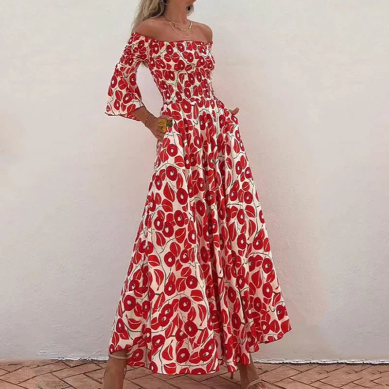 MILANI | Lange Bardot Jurk met Gedefinieerde Taille en Bloemenprint voor Zonnige Dagen en Elegante Evenementen