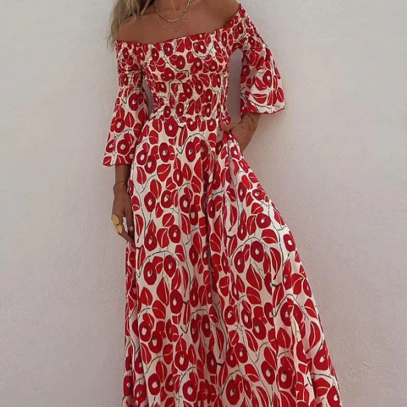 MILANI | Lange Bardot Jurk met Gedefinieerde Taille en Bloemenprint voor Zonnige Dagen en Elegante Evenementen