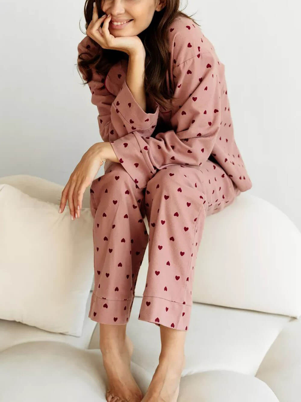 Compleet Franse stijl pyjama met revers en hartmotief