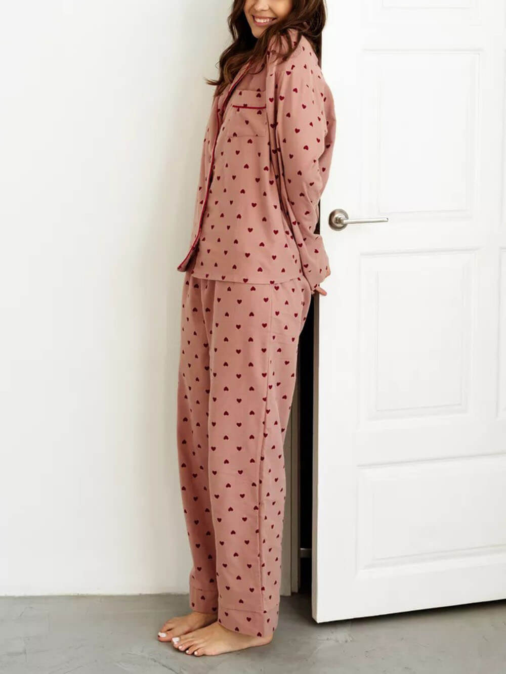 Compleet Franse stijl pyjama met revers en hartmotief
