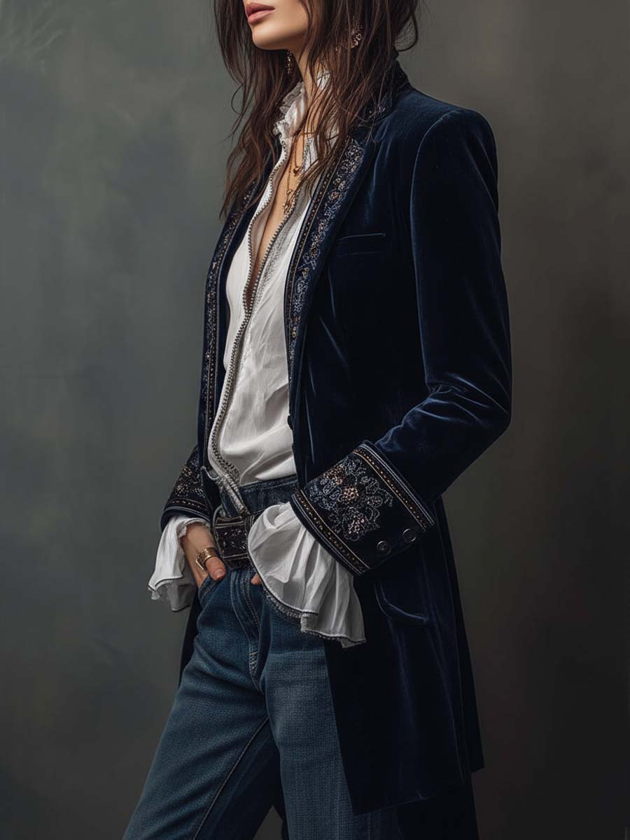 Federica | Lange Vintage Velvet Blazer in Marineblauw met Borduursels