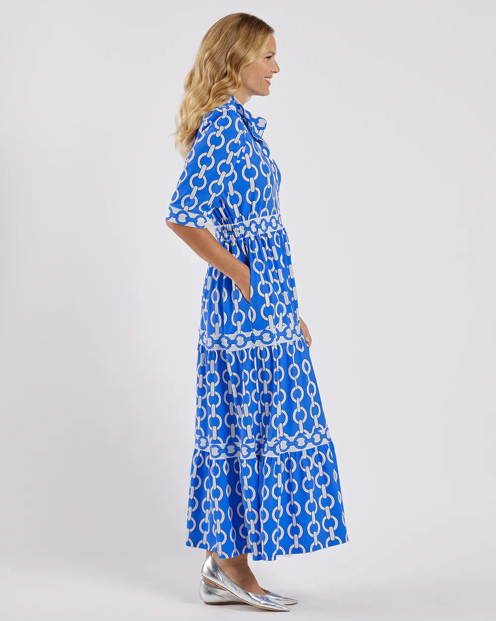 VIOLETTA | Elegante Lange Jurk met Grafische Print en Mediterraan Stijl