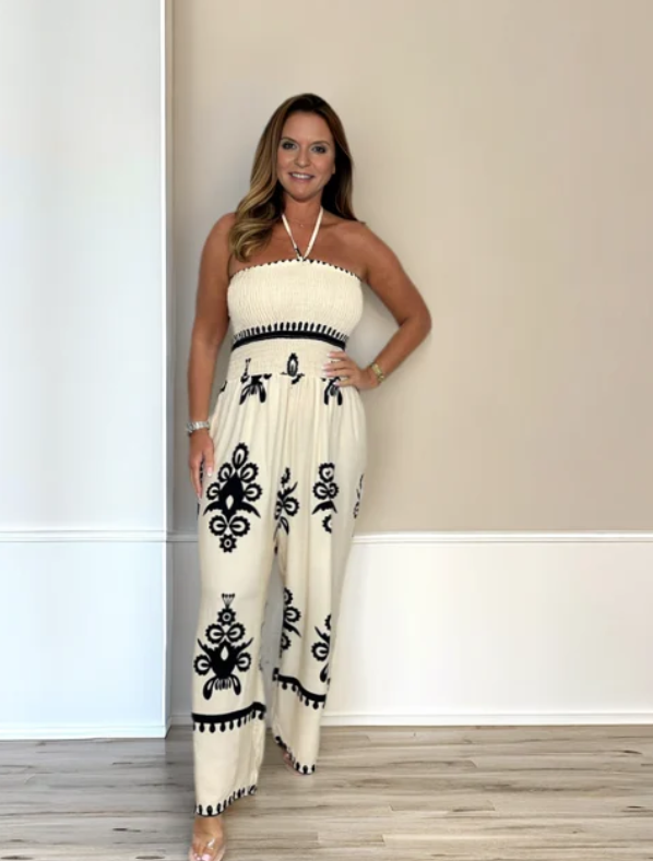 GABRIELLA | Off-shoulder Jumpsuit met Elastische Taille en Vloeiende Vakantiestijl