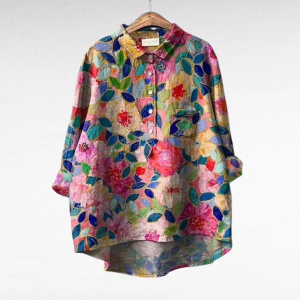Cora | Bloemige Blouse met Lange Mouwen, Kraag en Gebogen Zoom