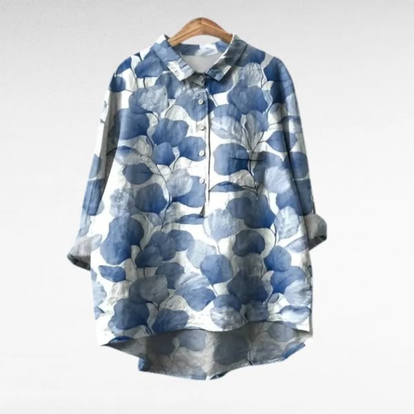 Cora | Bloemige Blouse met Lange Mouwen, Kraag en Gebogen Zoom