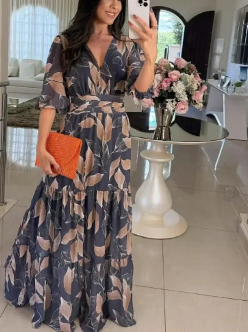 CLAUDIA | Lange Bloemenjurk met Comfortabele Pasvorm voor Elegante Dagen