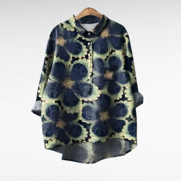 Cora | Bloemige Blouse met Lange Mouwen, Kraag en Gebogen Zoom