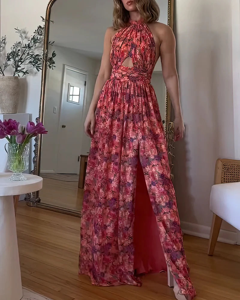 FRANCESCA | Lange Rugloze Jurk met Bloemenprint voor Zomerse Elegantie en Vrijheid