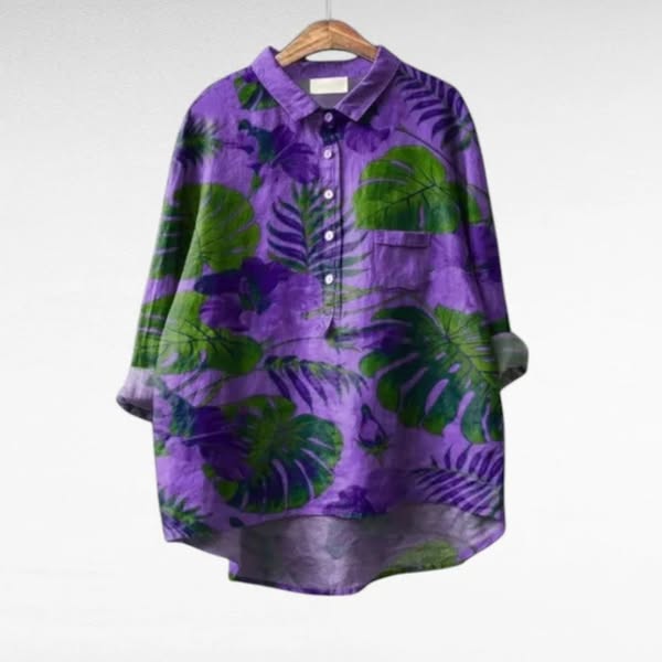 Cora | Bloemige Blouse met Lange Mouwen, Kraag en Gebogen Zoom