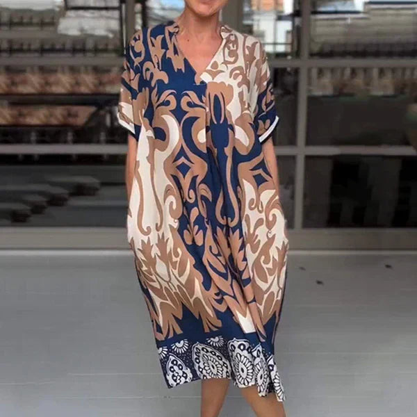 AMALIA | Midi-jurk met Zachte Snit, Artistieke Print en V-hals voor Stijlvolle en Comfortabele Dagen