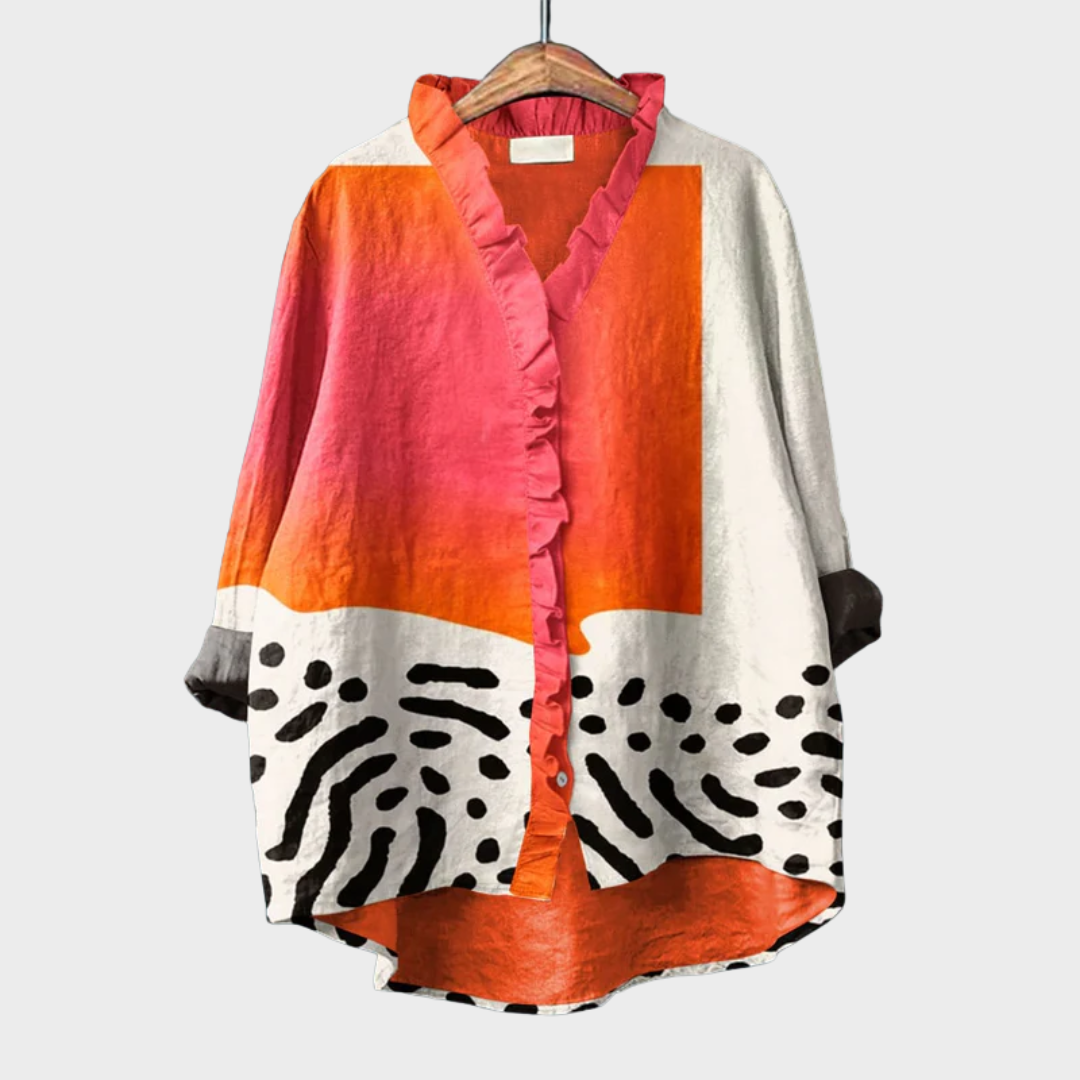 Harper™ | Damesblouses met lange mouwen en knoopsluiting met Ruffle V-hals