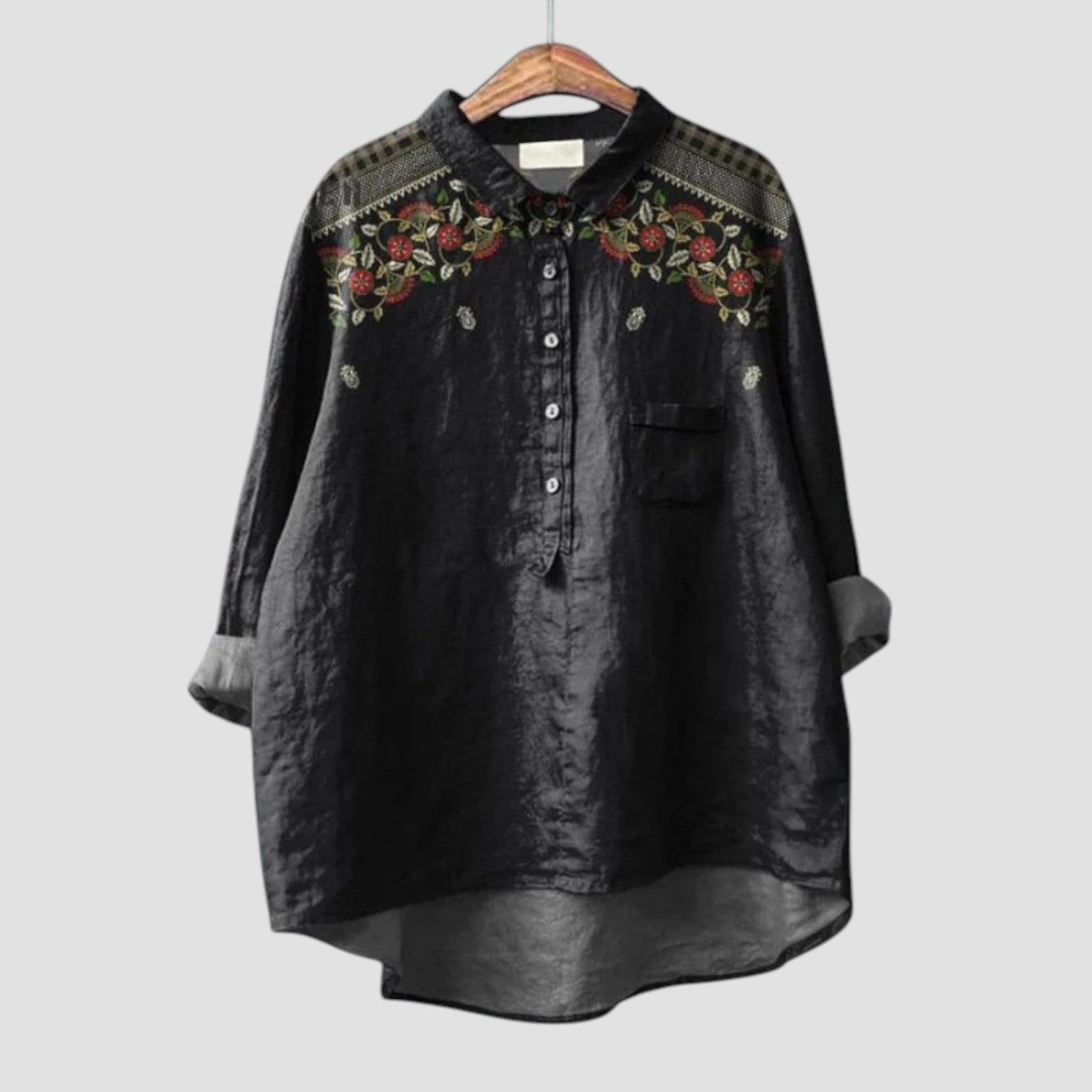 Carina | Oversized zwarte blouse met bloemembroderie voor een elegante en relaxte stijl