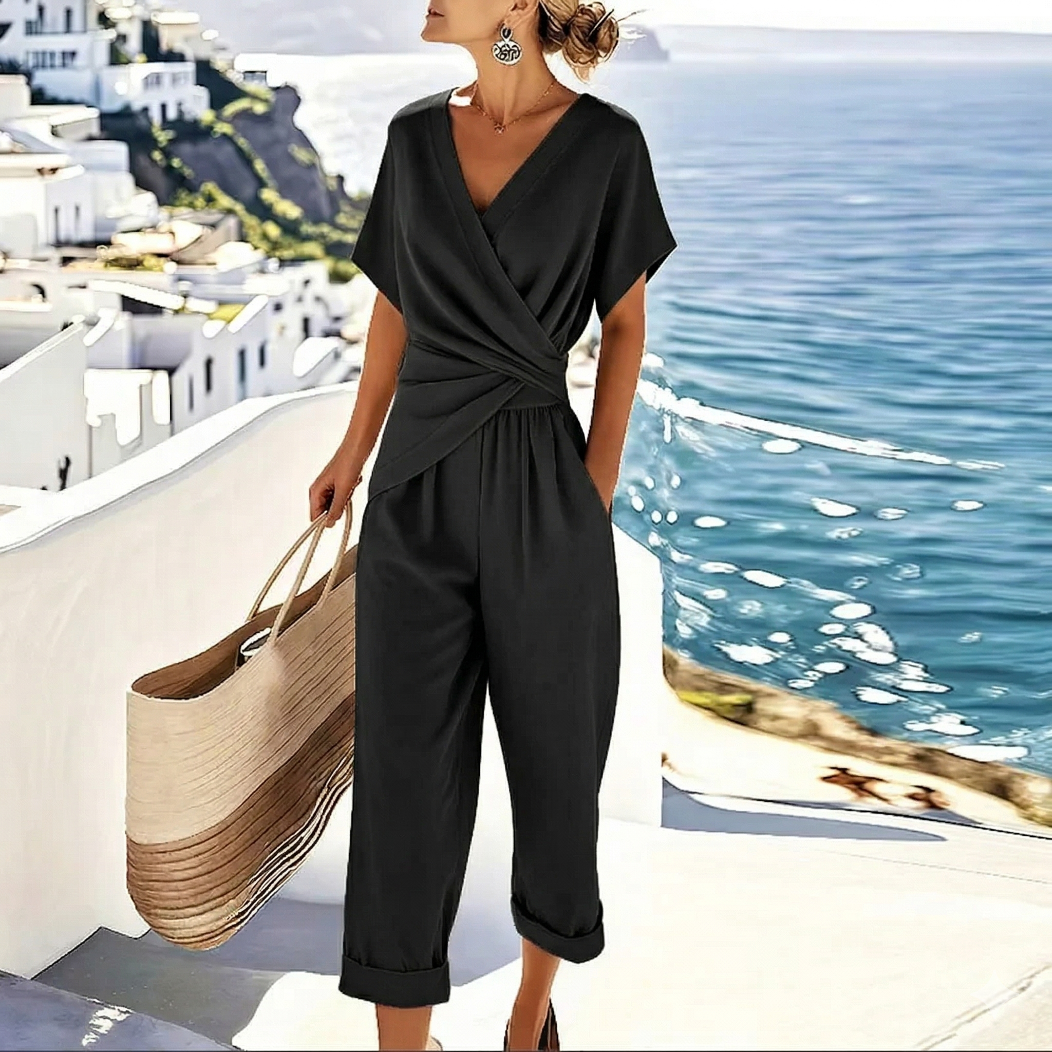 Stella | Wrap-Front Jumpsuit met Gedraaide Taille en Cropped Wijde Pijpen