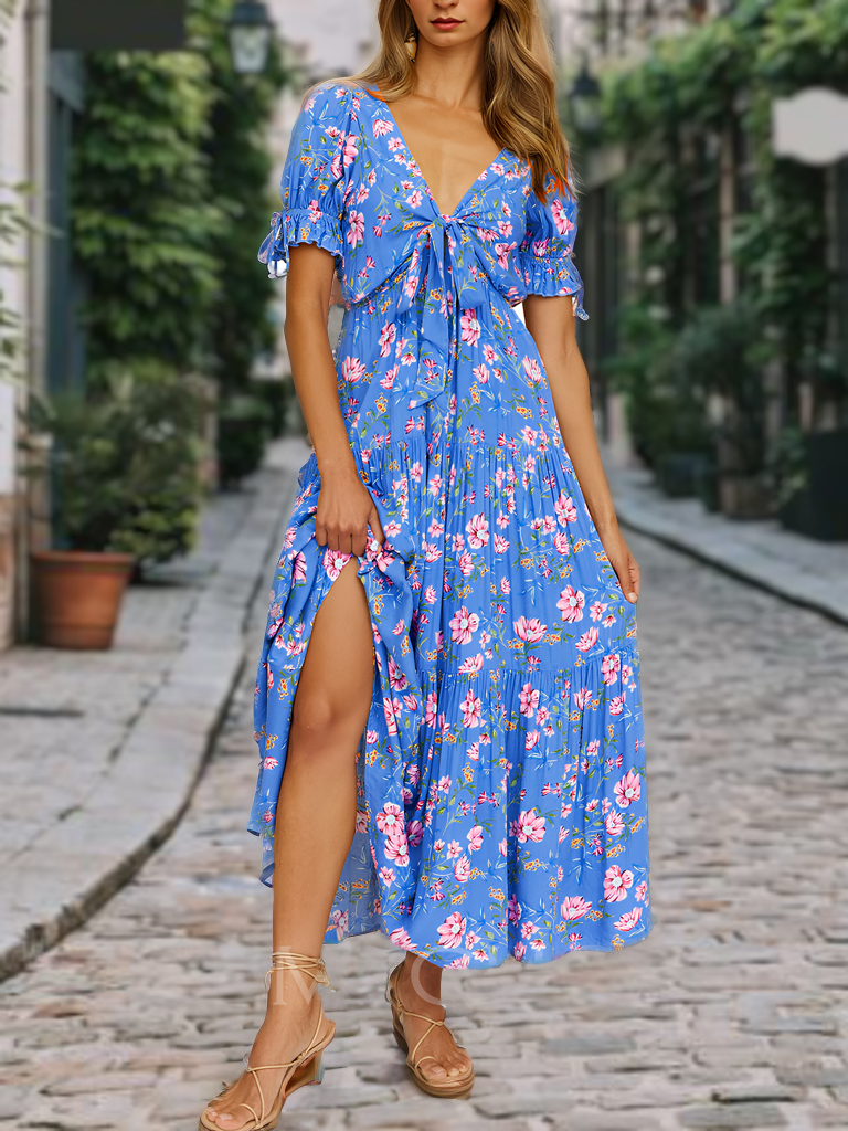 Bloemen strandjurk met korte mouwen