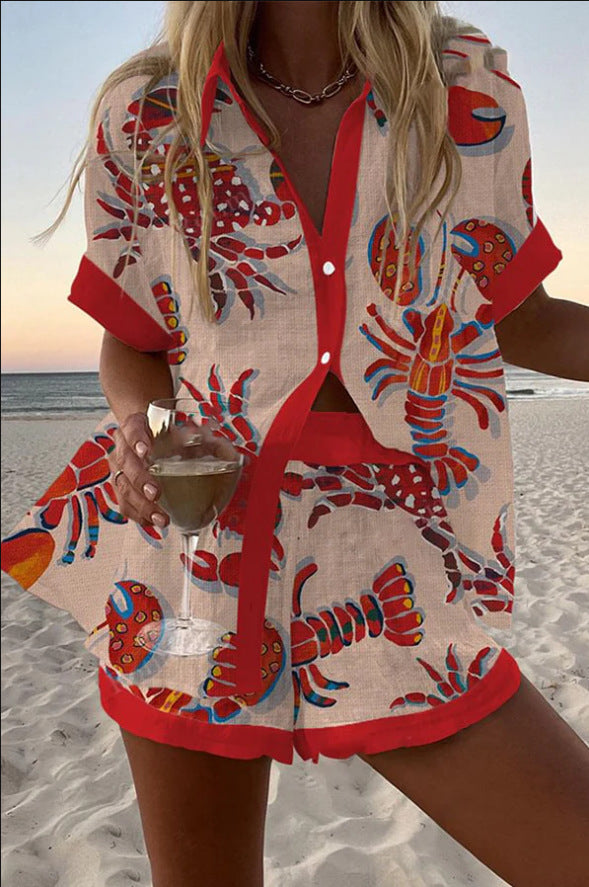 Daphira™ | Korte linnen set met kreeftenprint