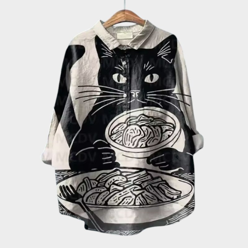 VIVIANA | Oversized Blouse met Waterverf Katten en Vrolijk Comfort voor Elk Moment