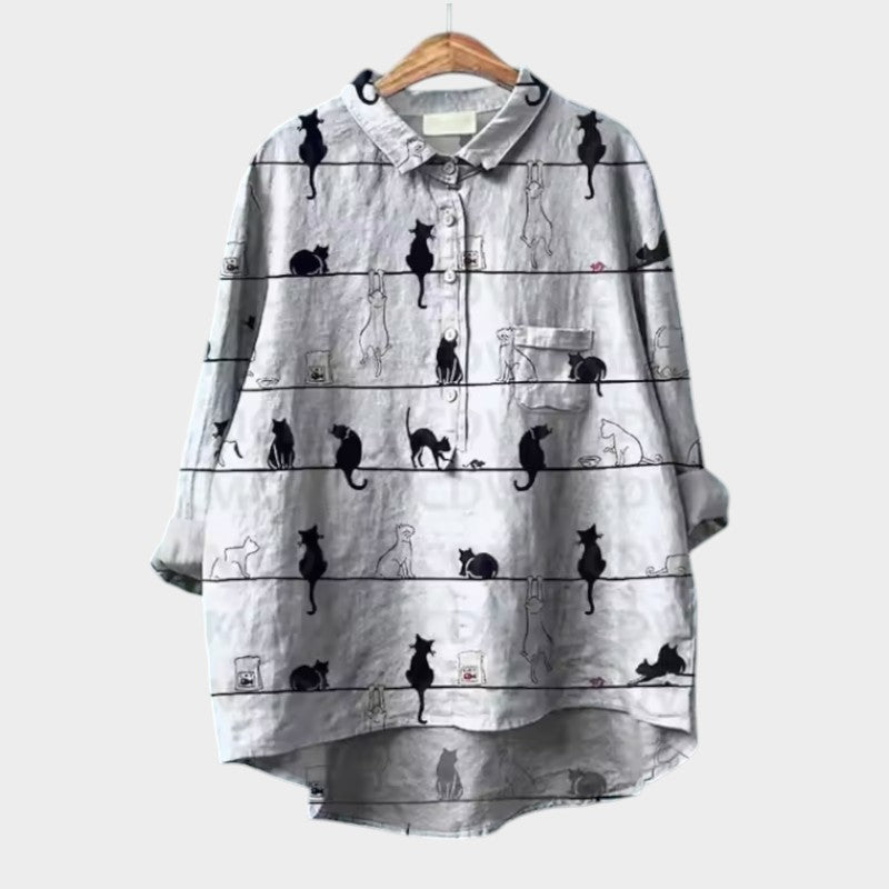 VIVIANA | Oversized Blouse met Waterverf Katten en Vrolijk Comfort voor Elk Moment