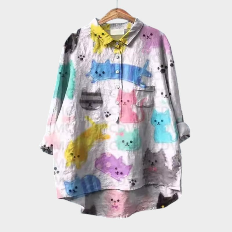VIVIANA | Oversized Blouse met Waterverf Katten en Vrolijk Comfort voor Elk Moment