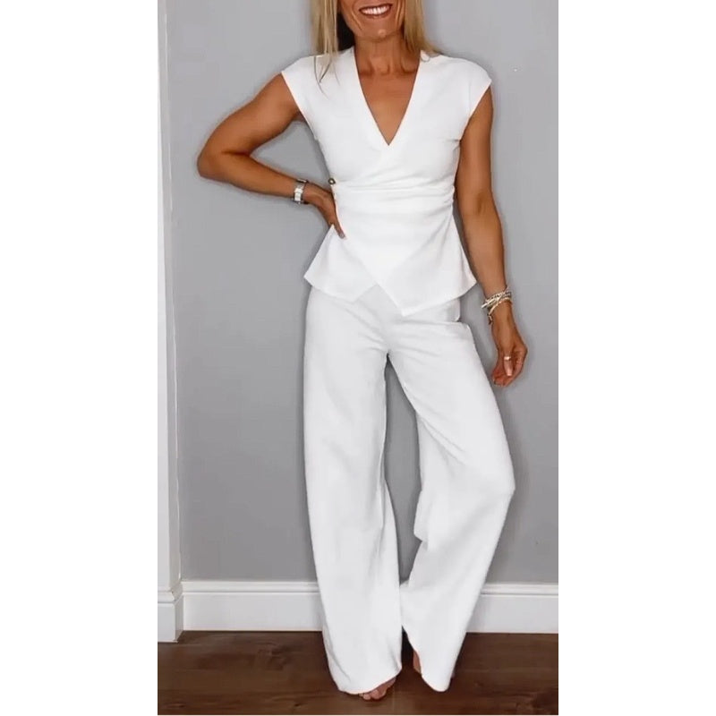 PALMIRA | Elegante Combinatie met V-hals Top en Wijde Broek voor Dagelijks Comfort
