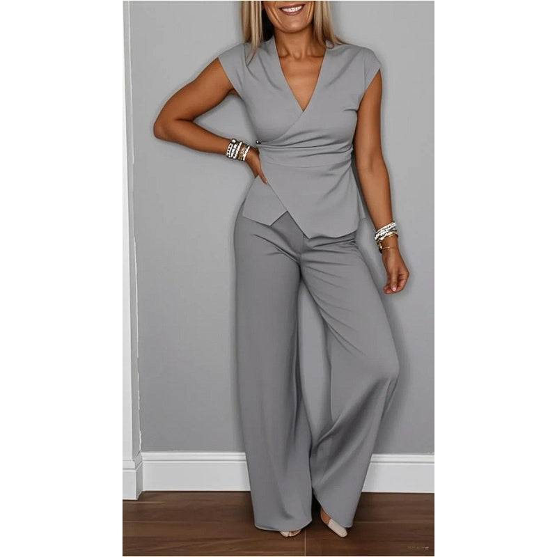 PALMIRA | Elegante Combinatie met V-hals Top en Wijde Broek voor Dagelijks Comfort