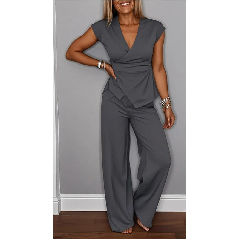 PALMIRA | Elegante Combinatie met V-hals Top en Wijde Broek voor Dagelijks Comfort